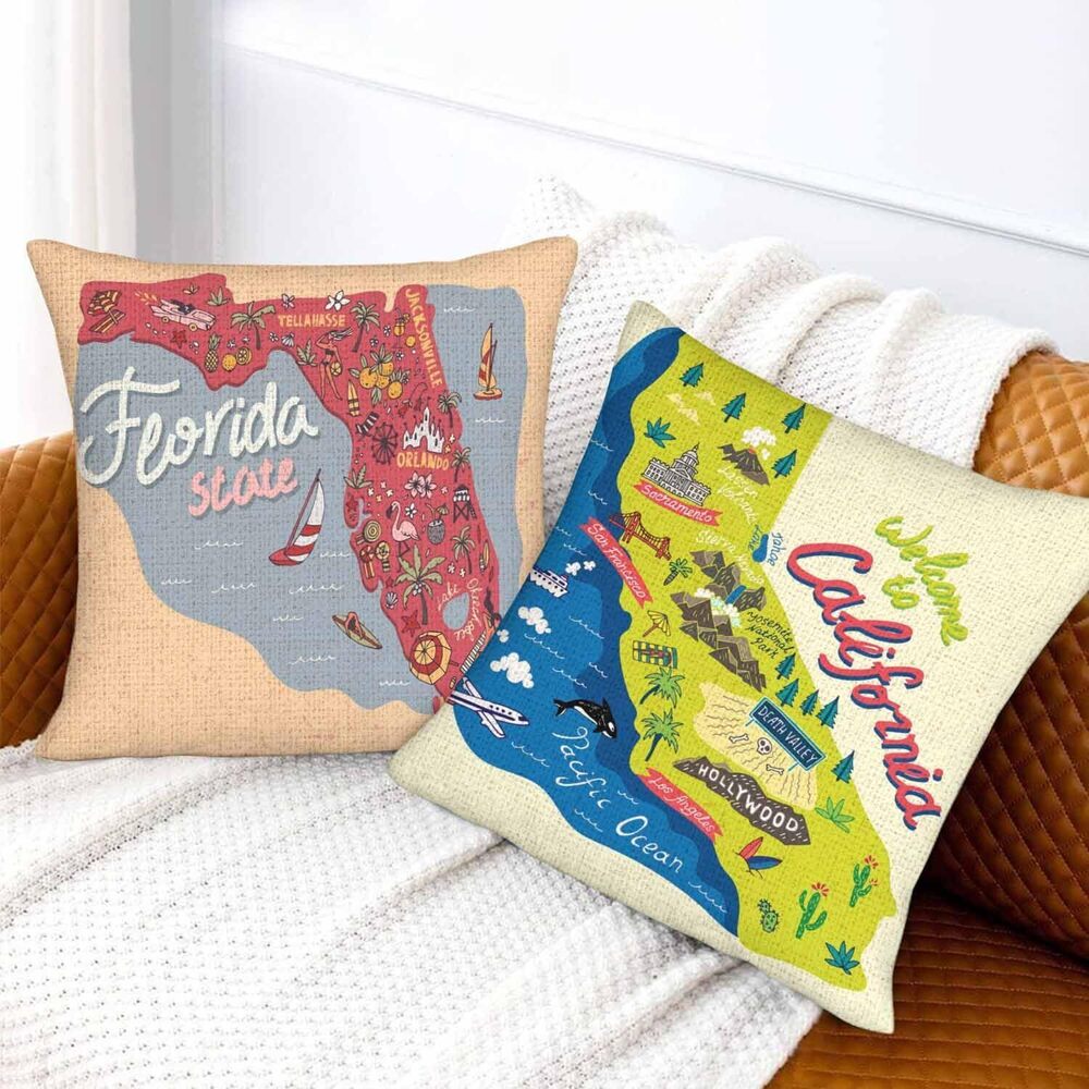 4914 Cute Map Throw Pillow Covers Set of 2,Travel and Attractions Map of - Picture 5 of 7